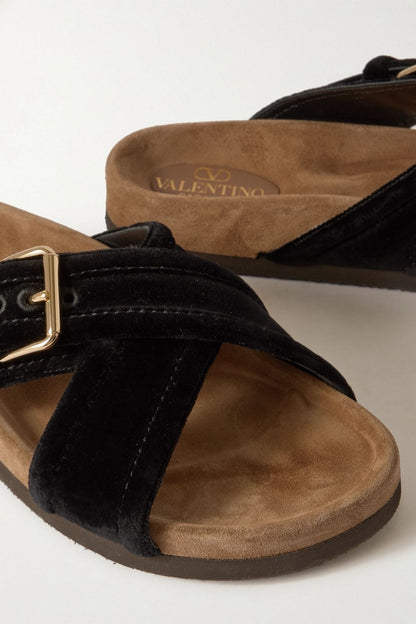 Valentino Garavani Buckled Velvet Slides Black Women's