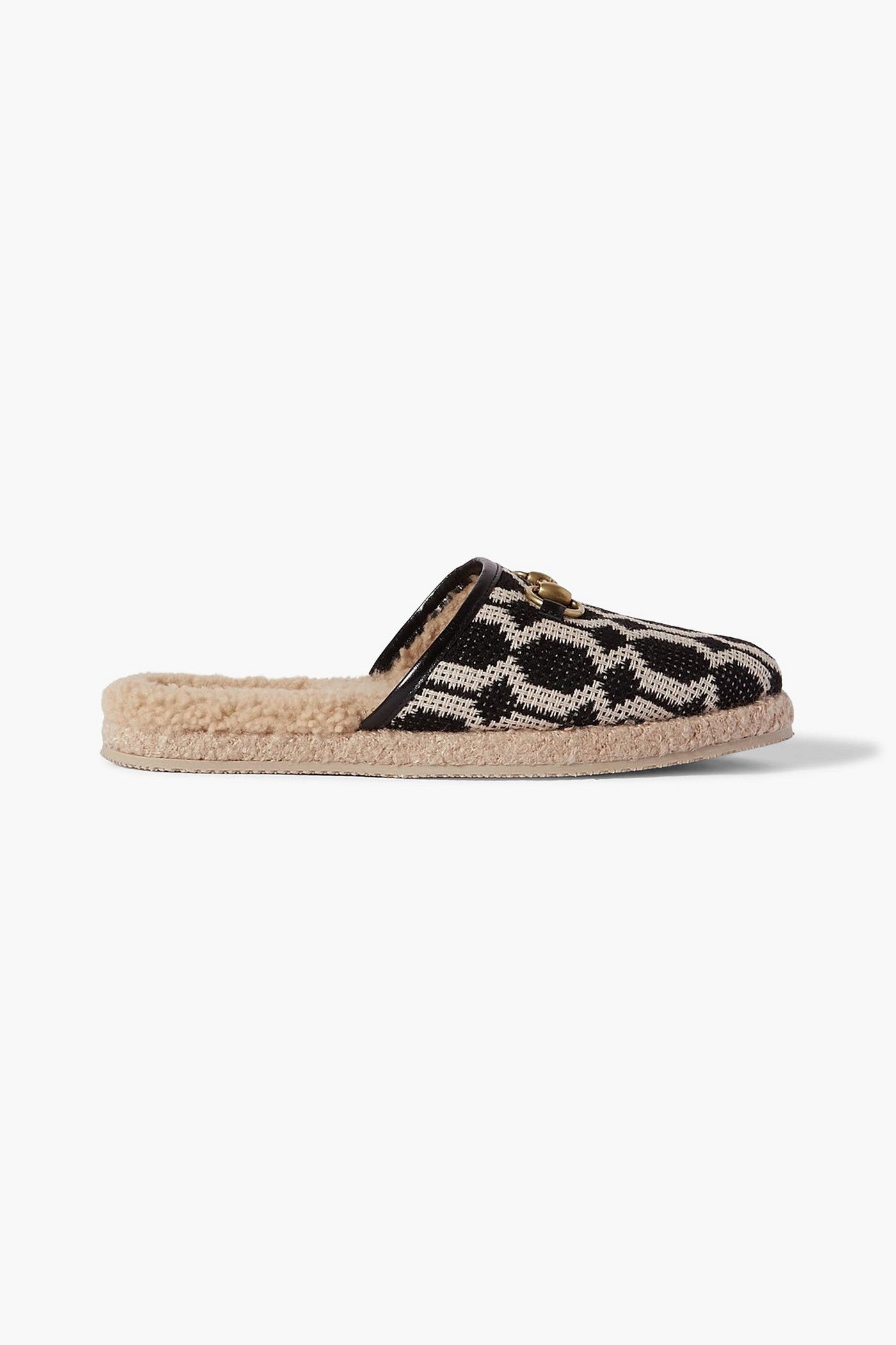 Gucci Fria Horsebit-Detailed Shearling-Lined Printed Canvas Slippers Black Women's