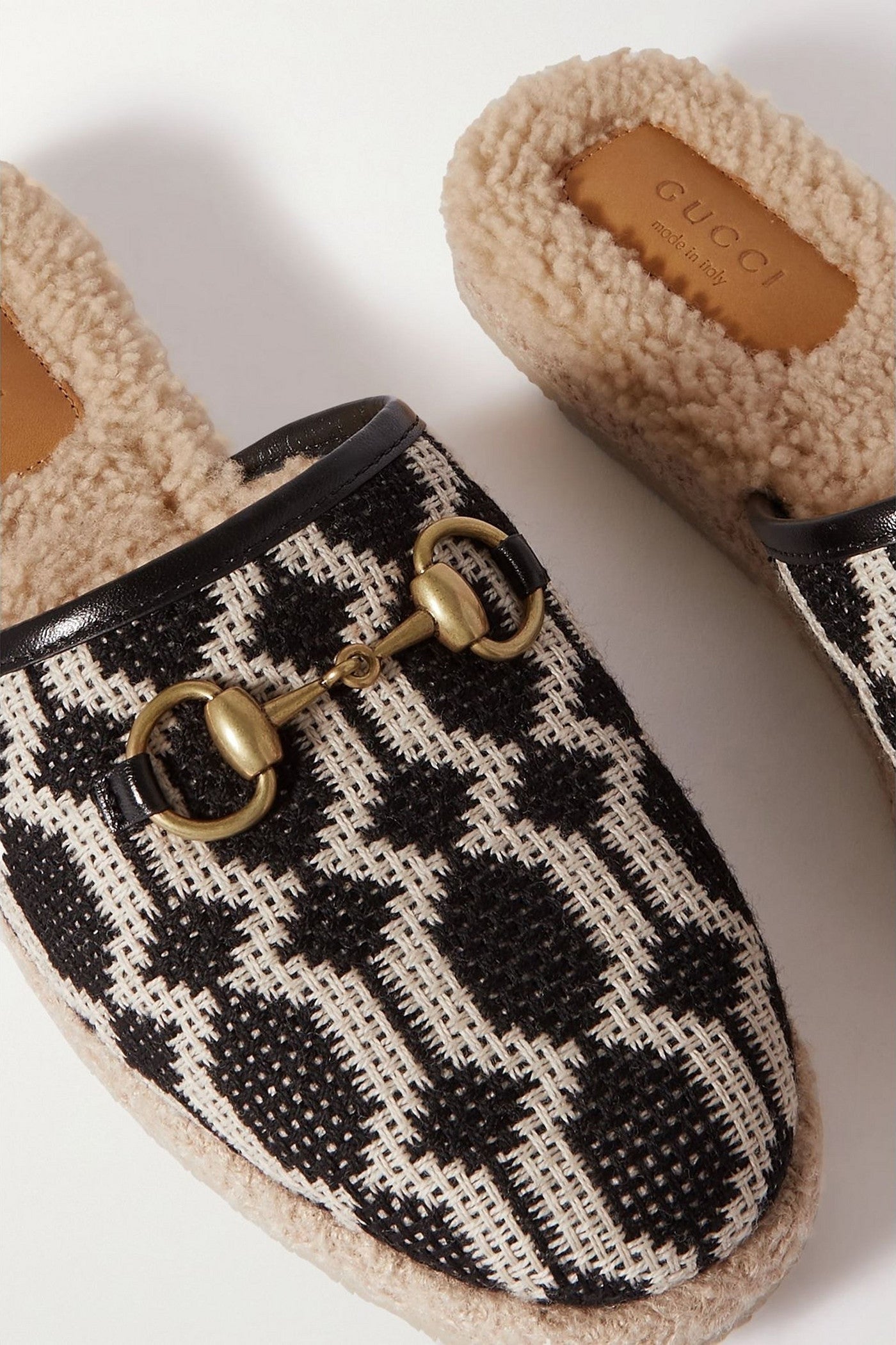Gucci Fria Horsebit-Detailed Shearling-Lined Printed Canvas Slippers Black Women's
