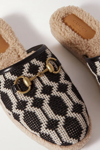 Gucci Fria Horsebit-Detailed Shearling-Lined Printed Canvas Slippers Black Women's