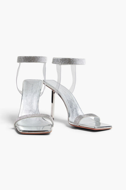 Amina Muaddi Rih Crystal-Embellished Metallic Leather Sandals Silver Women's