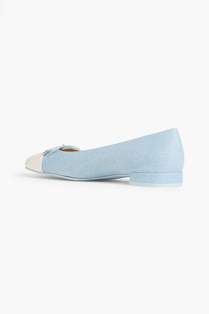 Stuart Weitzman Sleek Bow Leather-Trimmed Denim Ballet Flats Light Denim Women's