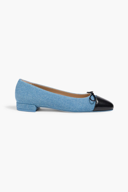 Stuart Weitzman Sleek Bow Leather-Trimmed Denim Ballet Flats Mid Denim Women's