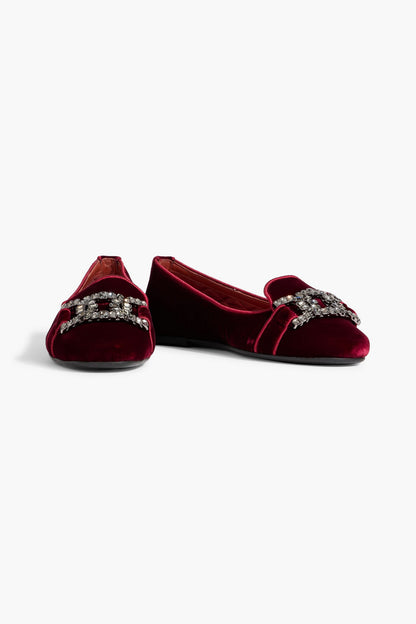 Tod's Crystal-Embellished Velvet Ballet Flats Claret Women's