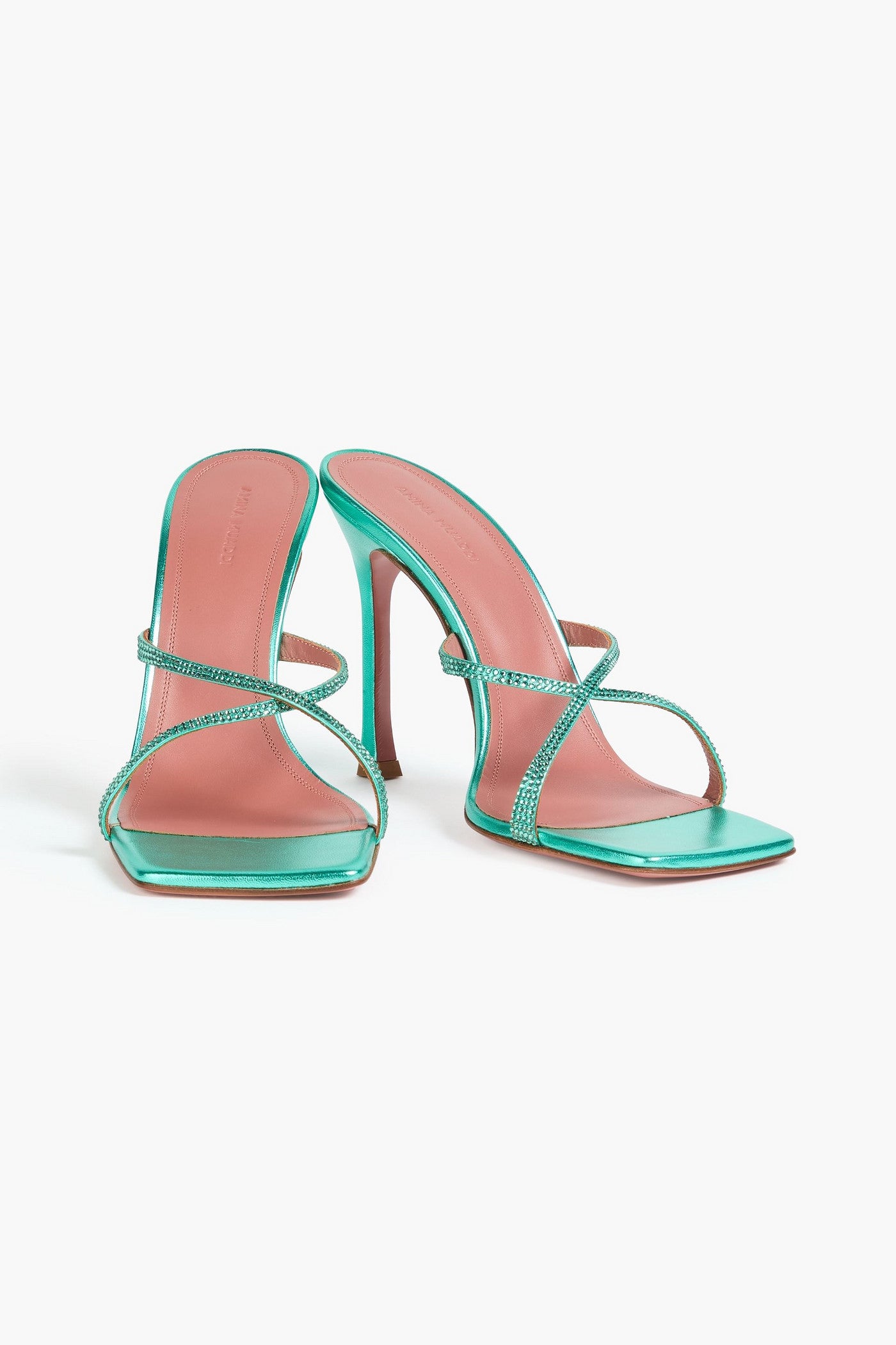 Amina Muaddi Adriana Crystal-Embellished Metallic Leather Mules Mint Women's