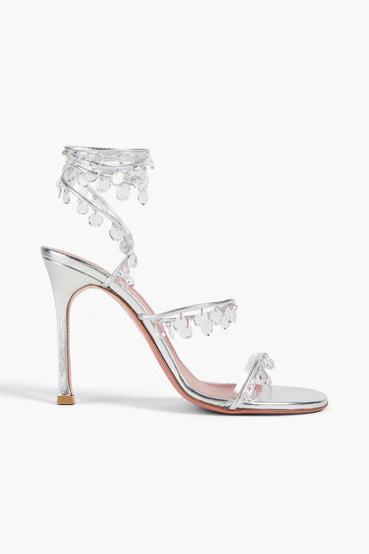 Amina Muaddi Tina Crystal-Embellished Metallic Leather Sandals Silver Women's