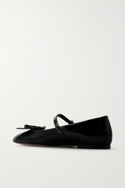 Valentino Garavani Bow-Detailed Patent-Leather Mary Jane Flats Black Women's
