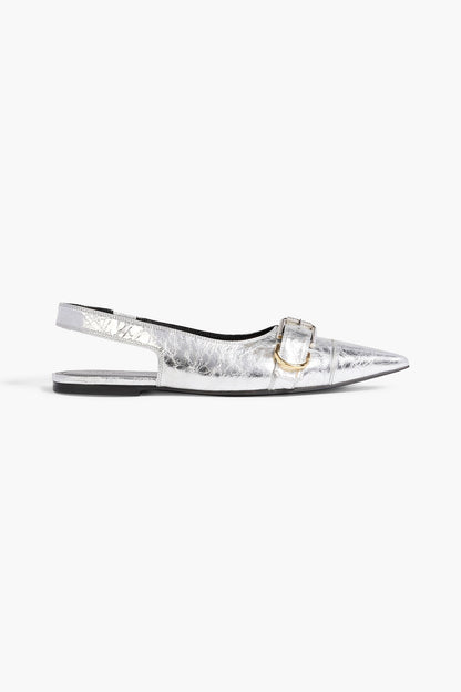 Givenchy Voyou Metallic Crinkled-Leather Slingback Point-Toe Flats Silver Women's
