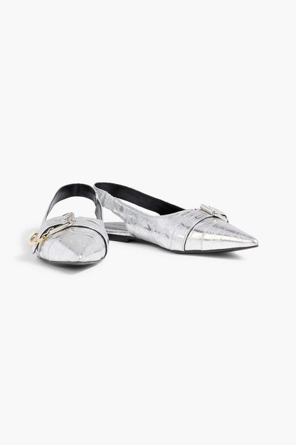 Givenchy Voyou Metallic Crinkled-Leather Slingback Point-Toe Flats Silver Women's