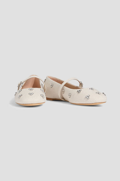 Stuart Weitzman Tammy Crystal-Embellished Tweed Mary Jane Flats Ecru Women's