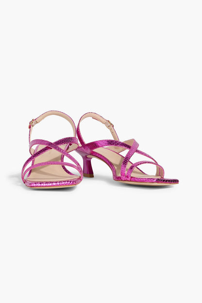 Stuart Weitzman Oasis 50 Metallic Snake-Effect Leather Slingback Sandals Fuchsia Women's