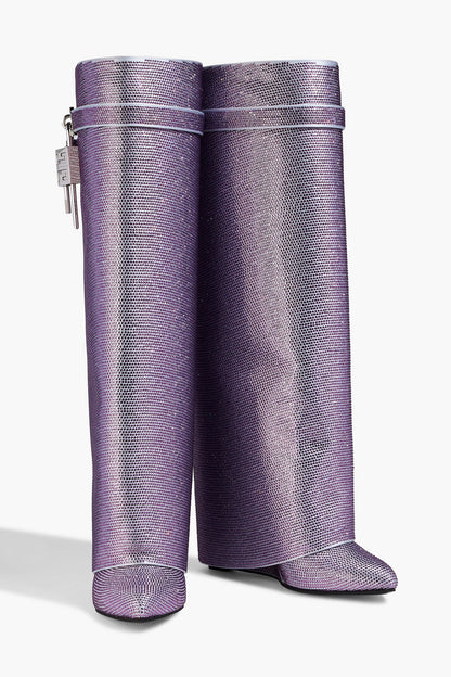 Givenchy Shark Lock Crystal-Embellished Satin Knee Boots Lavender Women's
