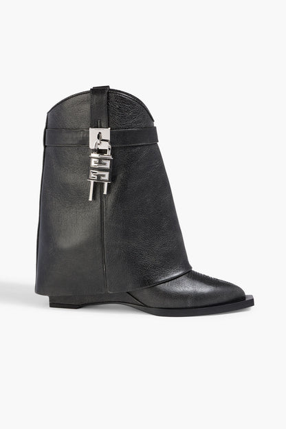Givenchy Shark Lock Embellished Pebbled-Leather Cowboy Boots Black Women's