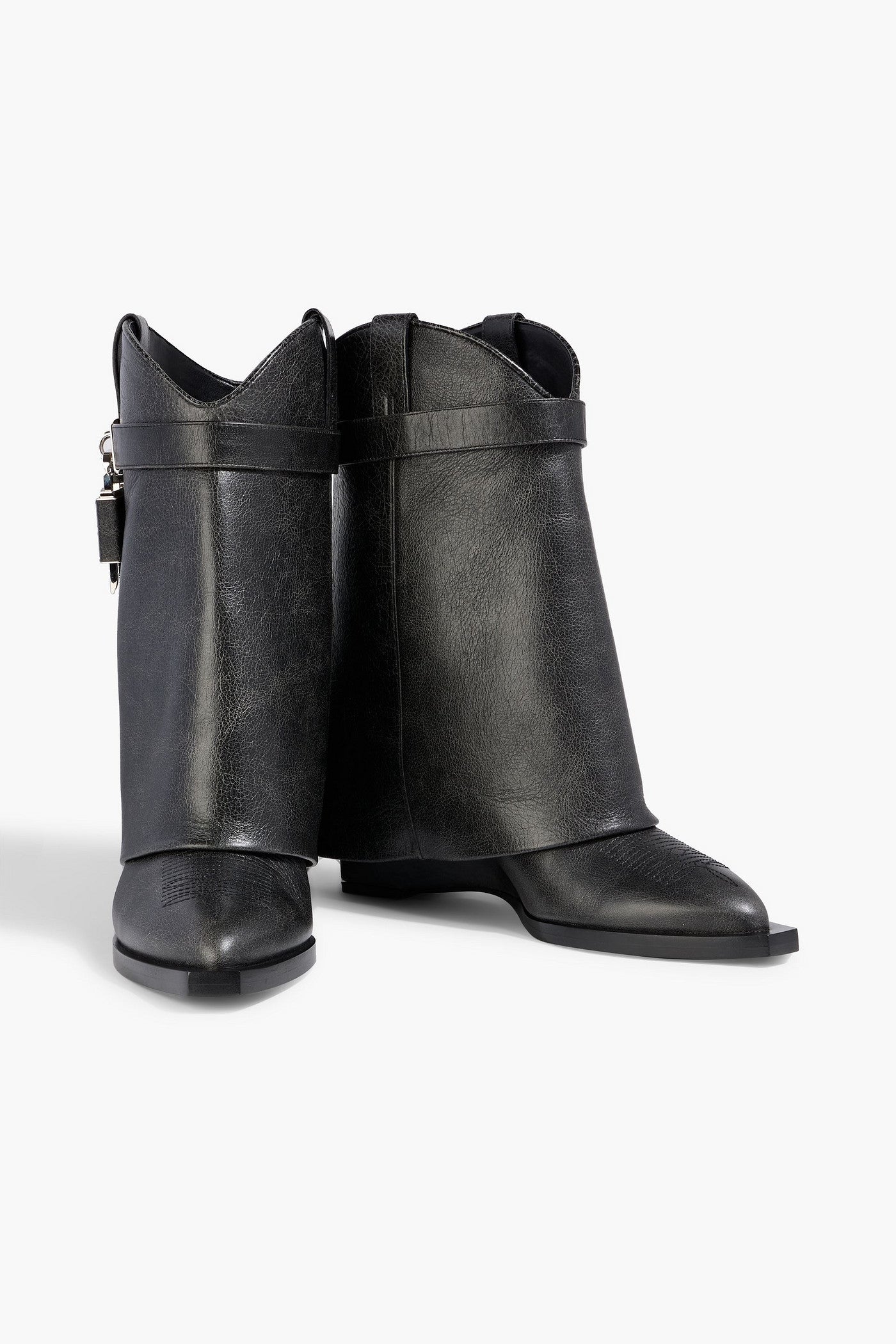 Givenchy Shark Lock Embellished Pebbled-Leather Cowboy Boots Black Women's