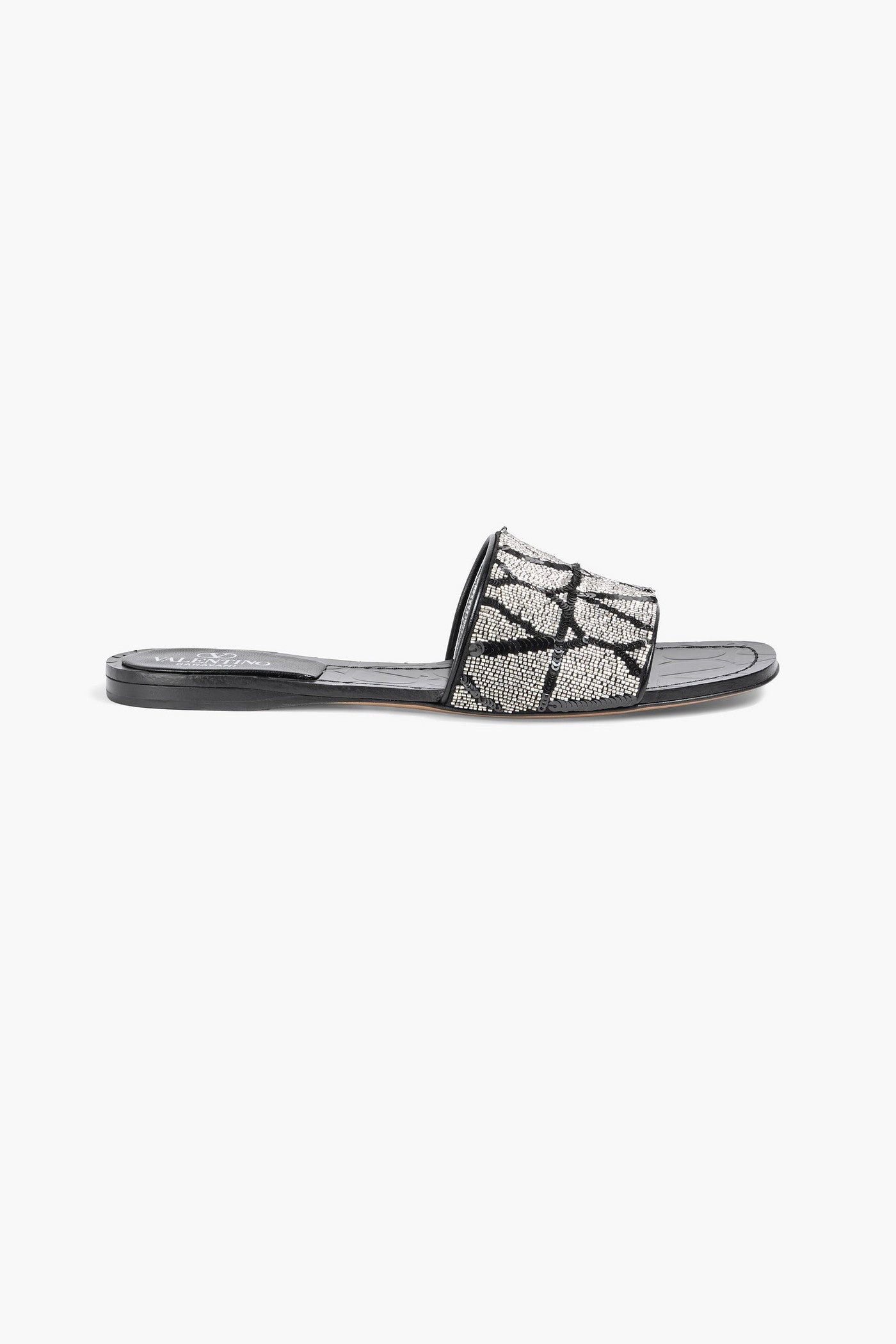 Valentino Garavani Vlogo Leather-Trimmed Sequined Satin Slides Black Women's