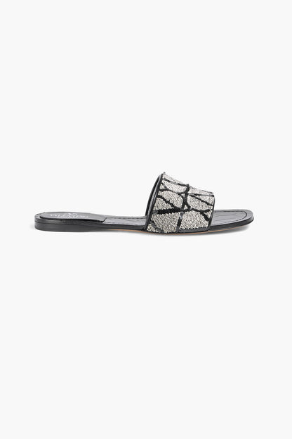 Valentino Garavani Vlogo Leather-Trimmed Sequined Satin Slides Black Women's