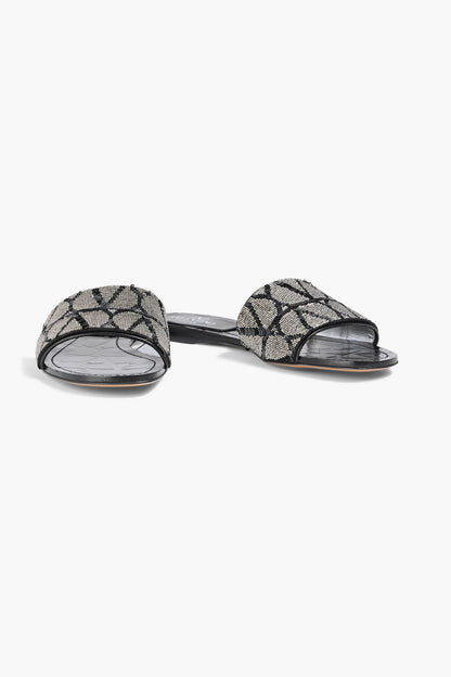 Valentino Garavani Vlogo Leather-Trimmed Sequined Satin Slides Black Women's
