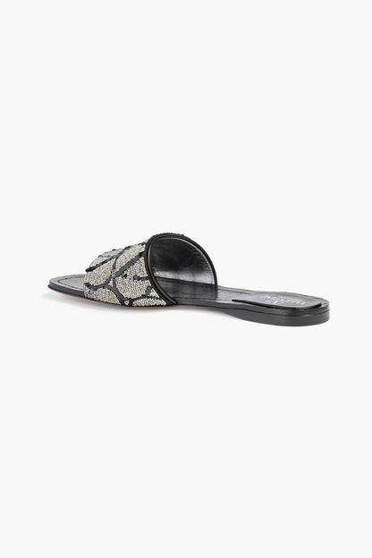 Valentino Garavani Vlogo Leather-Trimmed Sequined Satin Slides Black Women's