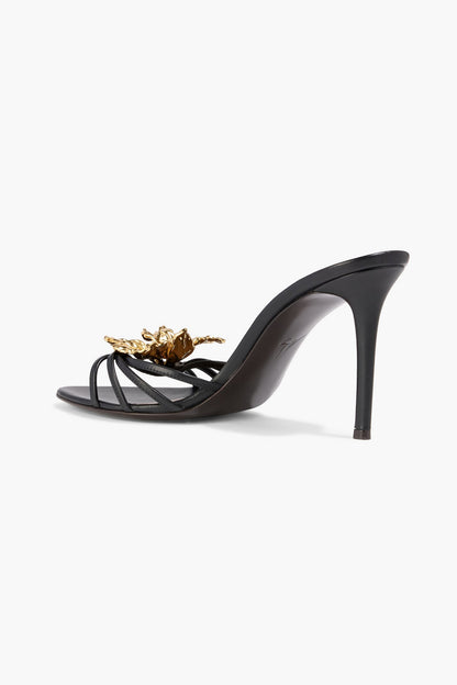 Giuseppe Zanotti Orchid Floral-Appliqud Leather Mules Black Women's