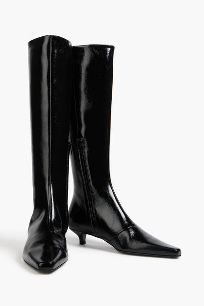 Toteme Glossed-Leather Knee Boots Black Women's