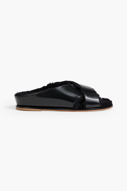 Gabriela Hearst Ellington Plush-Lined Glossed-Leather Slides Black Women's