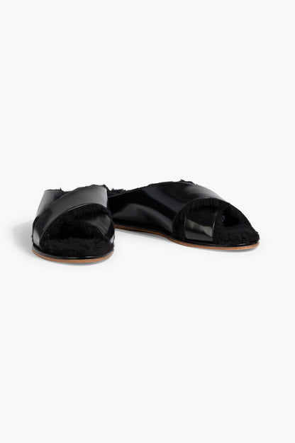 Gabriela Hearst Ellington Plush-Lined Glossed-Leather Slides Black Women's