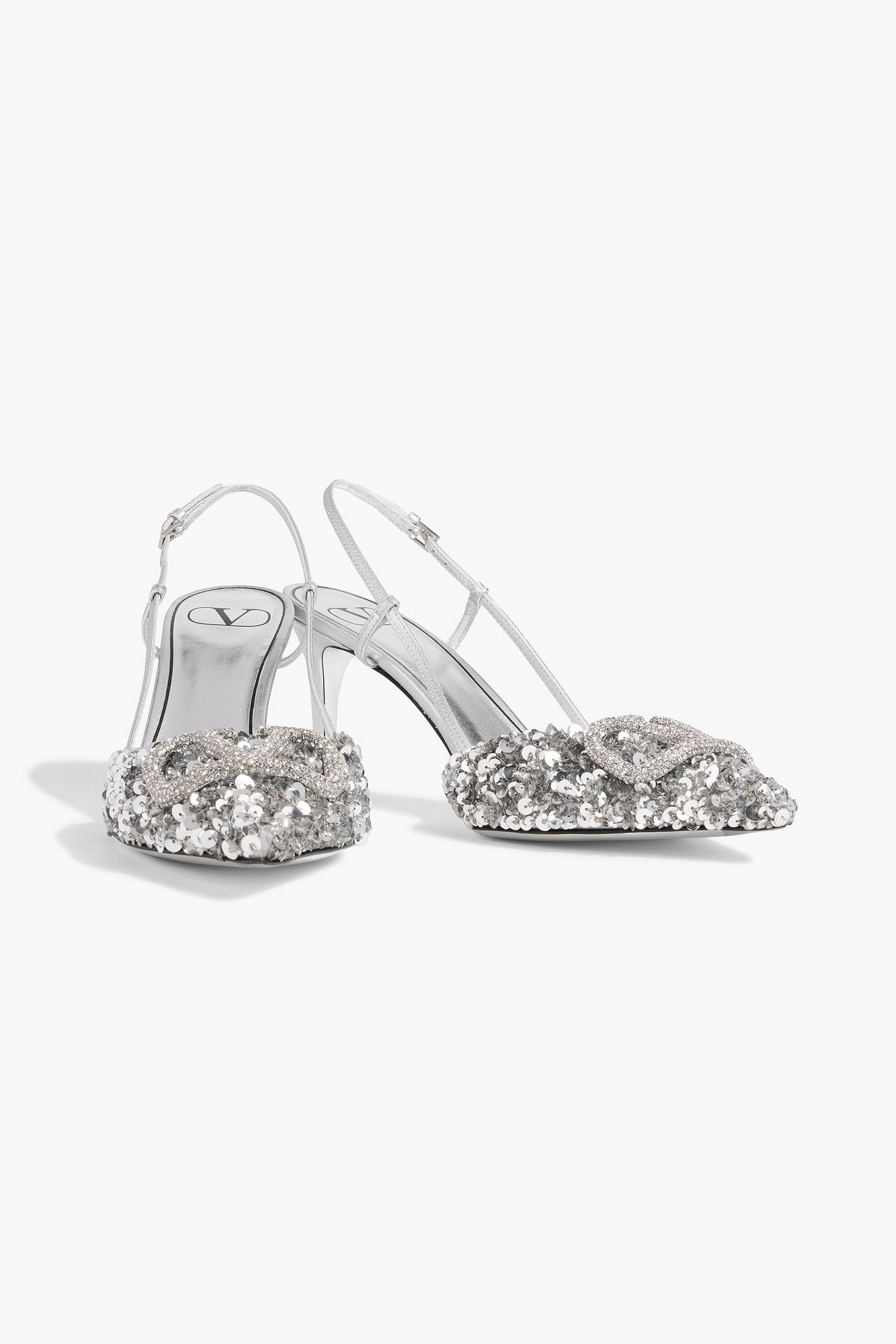 Valentino Garavani Vlogo Sequined Leather Slingback Pumps Silver Women's