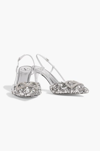 Valentino Garavani Vlogo Sequined Leather Slingback Pumps Silver Women's