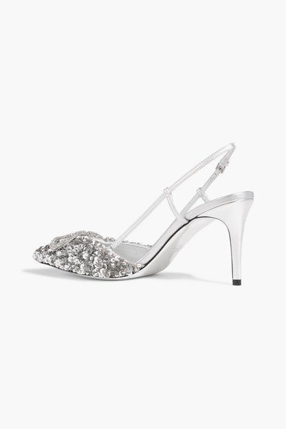 Valentino Garavani Vlogo Sequined Leather Slingback Pumps Silver Women's