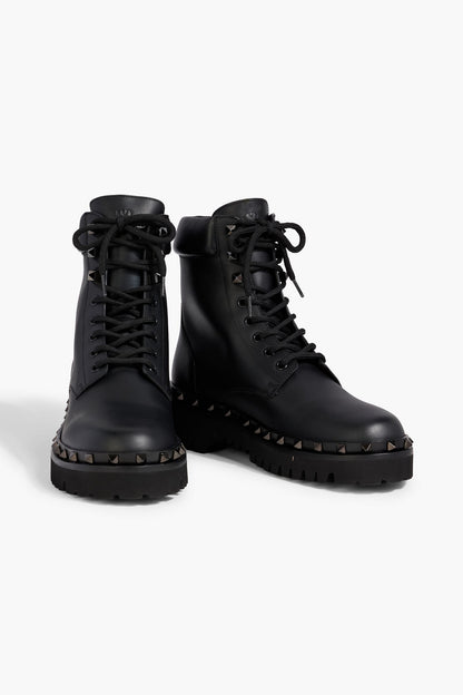 Valentino Garavani Rockstud M-Way Leather Combat Boots Black Women's