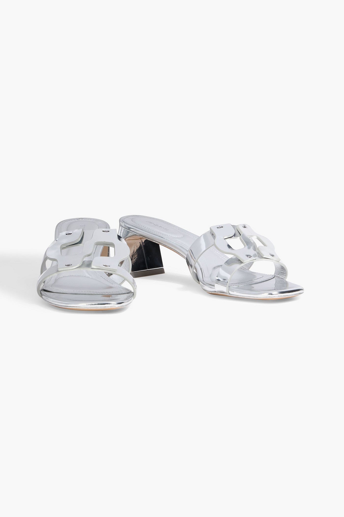 Simkhai Monogram Appliqud Mirrored-Leather Mules Silver Women's