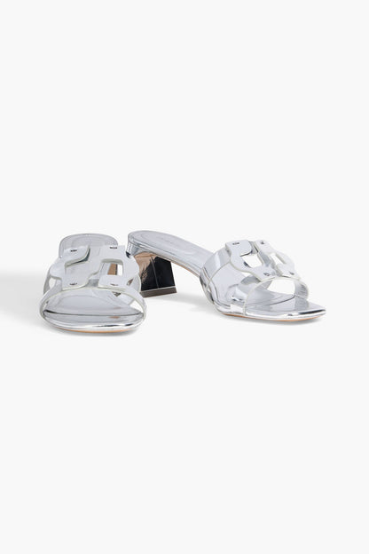 Simkhai Monogram Appliqud Mirrored-Leather Mules Silver Women's