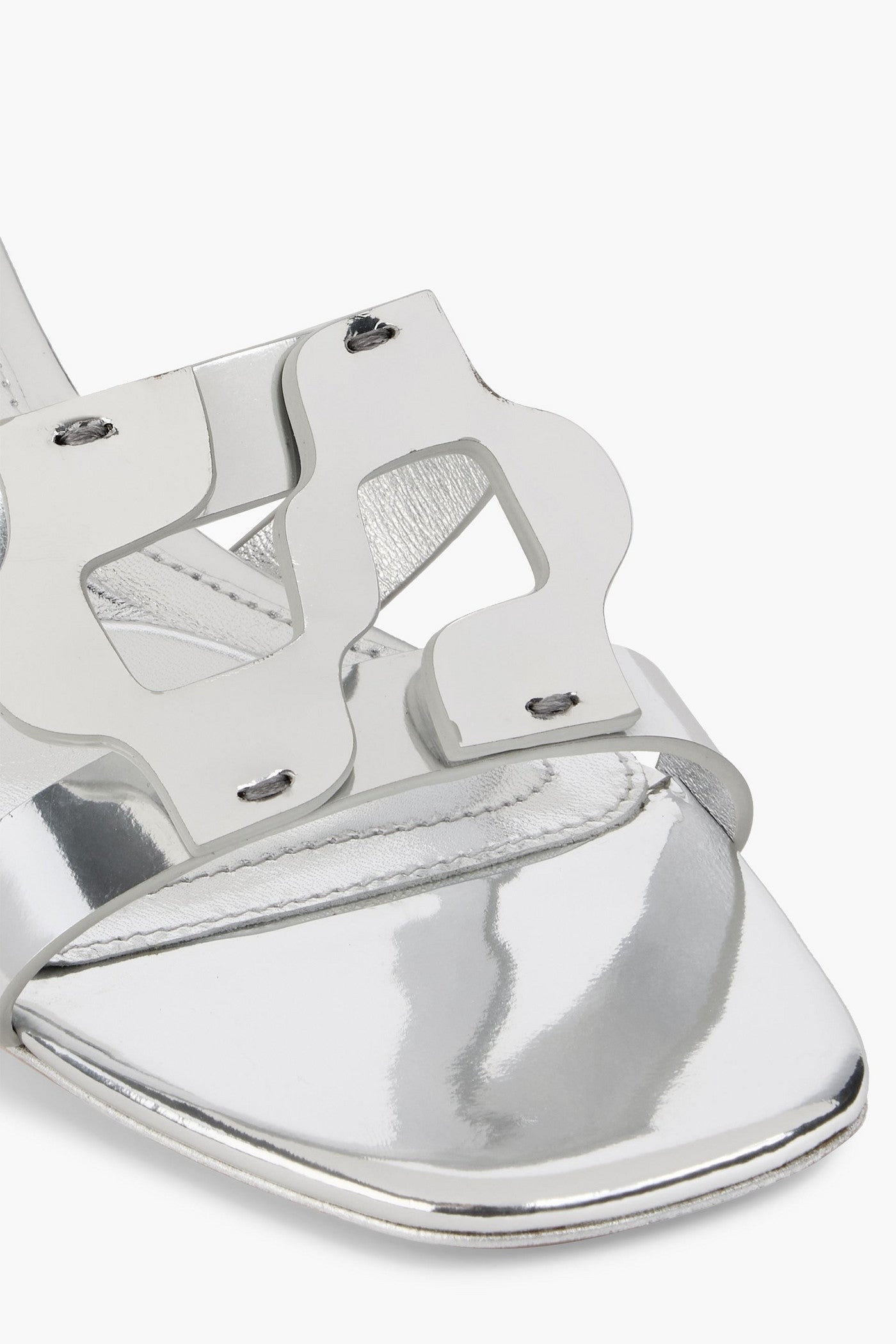 Simkhai Monogram Appliqud Mirrored-Leather Mules Silver Women's