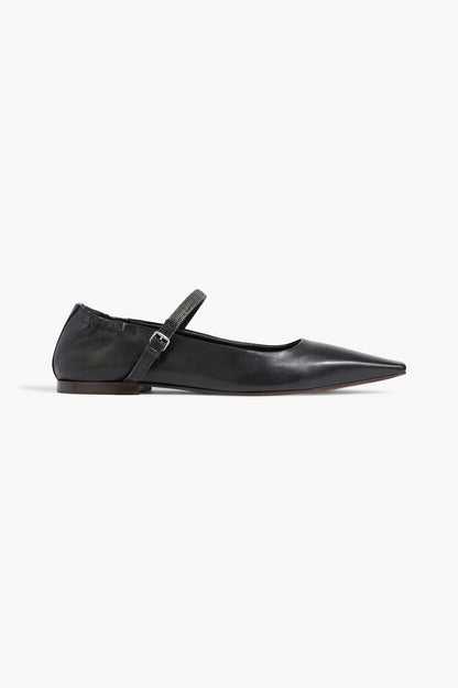 Brunello Cucinelli Bead-Embellished Leather Mary Jane Flats Black Women's
