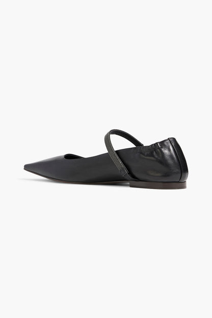 Brunello Cucinelli Bead-Embellished Leather Mary Jane Flats Black Women's