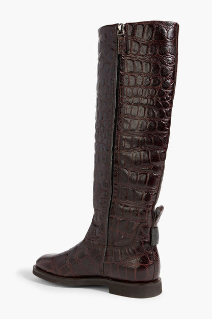 Brunello Cucinelli Croc-Effect Leather Knee Boots Merlot Women's