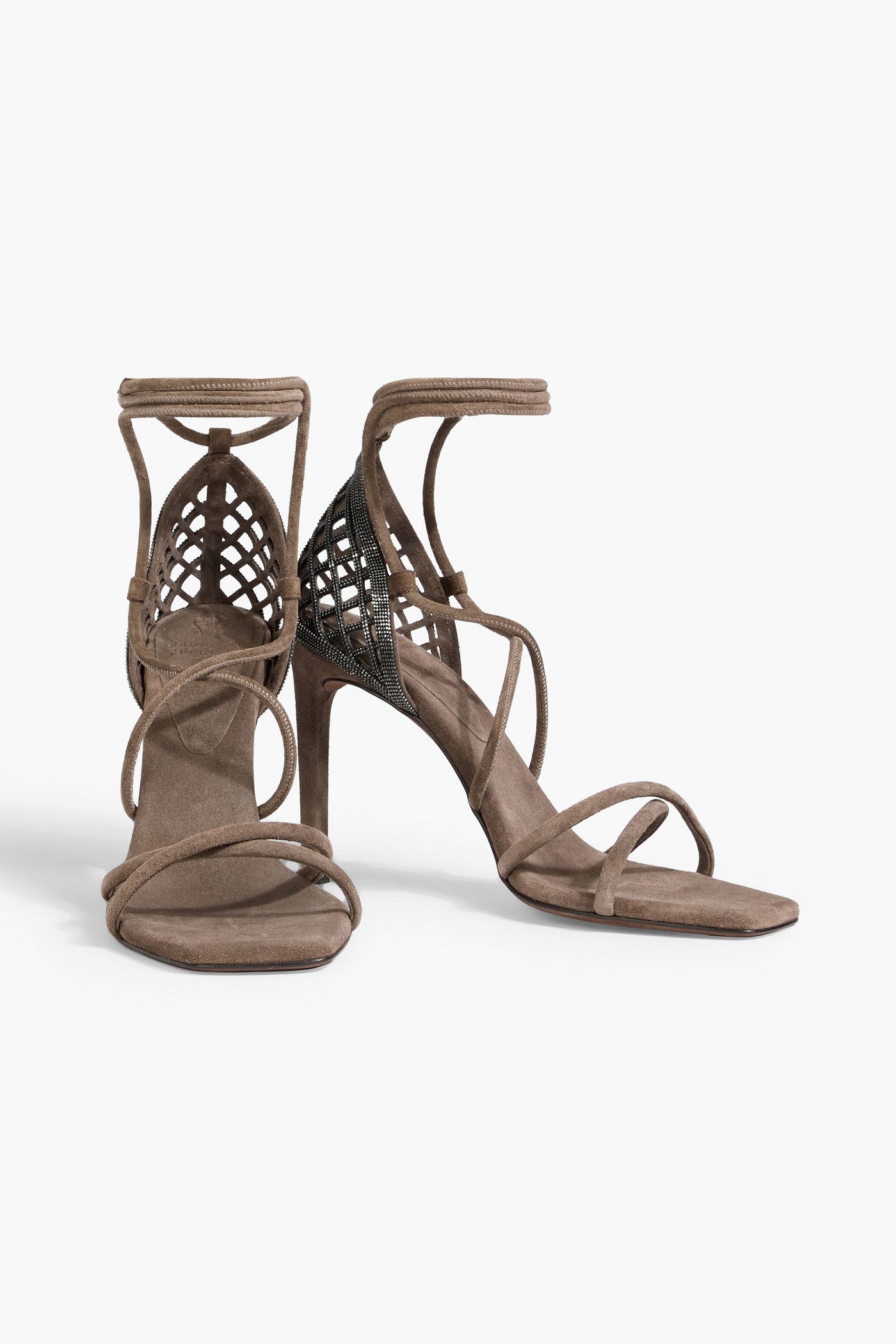 Brunello Cucinelli Bead-Embellished Suede Sandals Taupe Women's