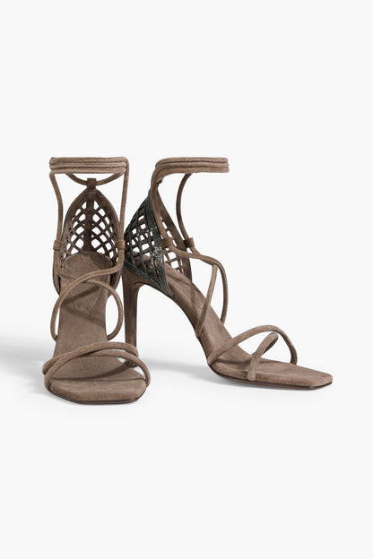 Brunello Cucinelli Bead-Embellished Suede Sandals Taupe Women's