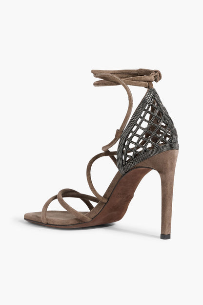 Brunello Cucinelli Bead-Embellished Suede Sandals Taupe Women's