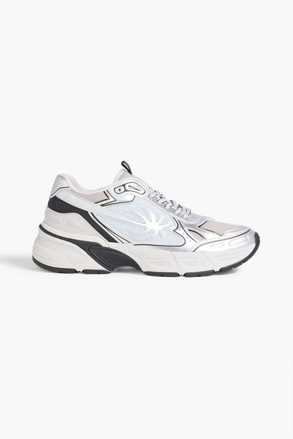 Palm Angels Metallic Leather And Mesh Sneakers Silver