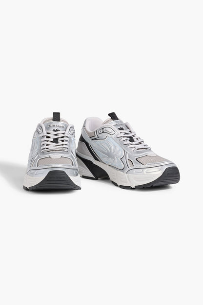 Palm Angels Metallic Leather And Mesh Sneakers Silver