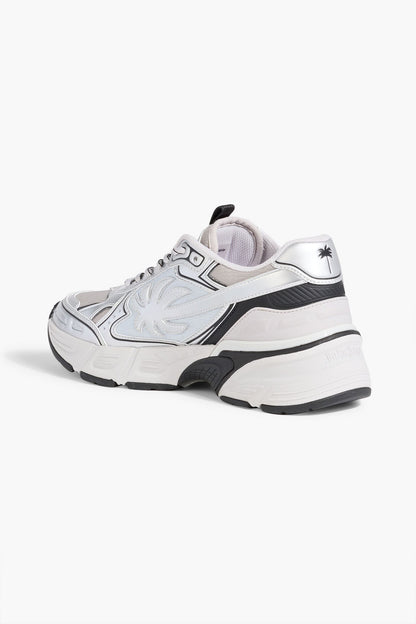 Palm Angels Metallic Leather And Mesh Sneakers Silver