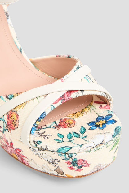 Malone Souliers Keaton Floral-Print Faille Platform Sandals Cream Women's