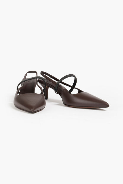 Brunello Cucinelli Bead-Embellished Leather Slingback Pumps Chocolate Women's