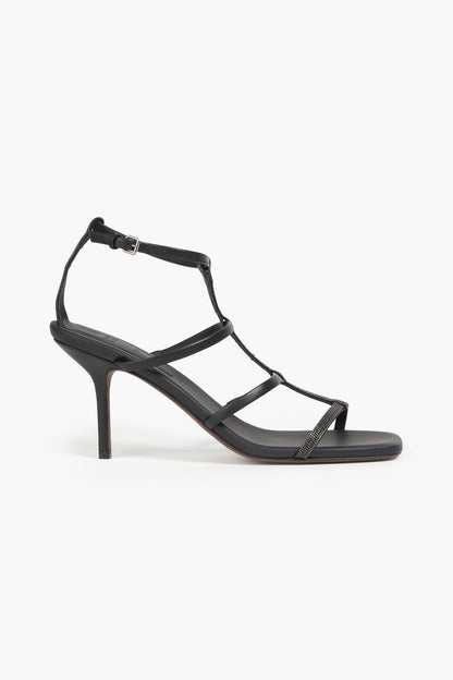 Brunello Cucinelli Bead-Embellished Leather Sandals Black Women's