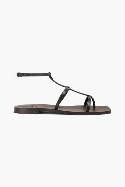 Brunello Cucinelli Bead-Embellished Leather Sandals Black Women's