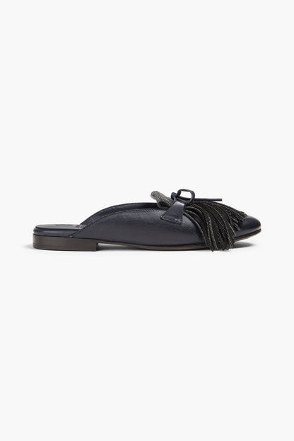 Brunello Cucinelli Bead-Embellished Fringed Leather Slippers Black Women's