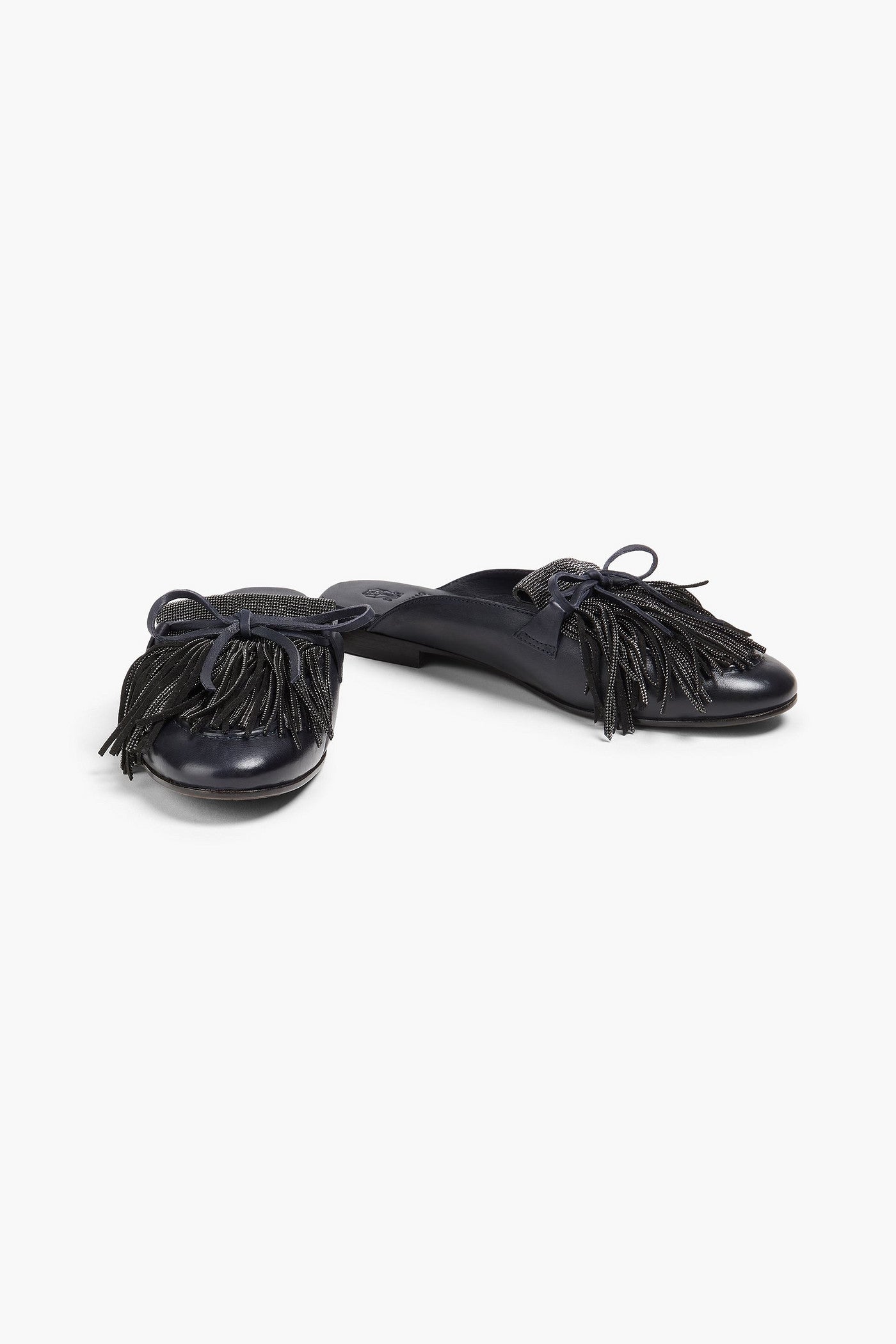 Brunello Cucinelli Bead-Embellished Fringed Leather Slippers Black Women's