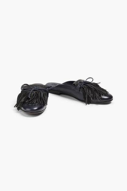 Brunello Cucinelli Bead-Embellished Fringed Leather Slippers Black Women's