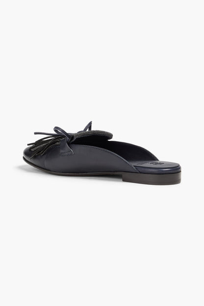 Brunello Cucinelli Bead-Embellished Fringed Leather Slippers Black Women's